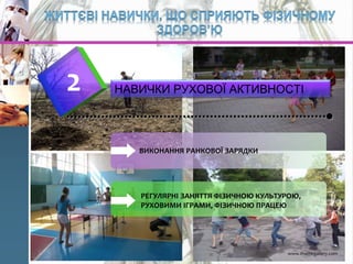 www.themegallery.com
2 НАВИЧКИ РУХОВОЇ АКТИВНОСТІ
ВИКОНАННЯ РАНКОВОЇ ЗАРЯДКИ
РЕГУЛЯРНІ ЗАНЯТТЯ ФІЗИЧНОЮ КУЛЬТУРОЮ,
РУХОВИМИ ІГРАМИ, ФІЗИЧНОЮ ПРАЦЕЮ
 