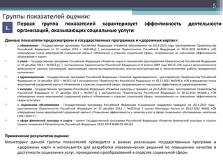 Группы показателей оценки:
Данные показатели предусмотрены в государственных программах и «дорожных картах»:
 в образовании - Государственная программа Российской Федерации «Развитие образования» на 2013-2020 годы (распоряжение Правительства
Российской Федерации от 22 ноября 2012 г. №2148-р)  распоряжение Правительства Российской Федерации от 30.12.2012 №2620-р «Об
утверждении плана мероприятий («дорожной карты») «Изменения в отраслях социальной сферы, направленные на повышение эффективности
образования и науки»
 в науке – Государственная программа Российской Федерации «Развитие науки и технологий» (распоряжение Правительства Российской Федерации
от 20 декабря 2012 г. №2433-р)  постановление Правительства Российской Федерации от 8 апреля 2009 года №312 «Об оценке результативности
деятельности научных организаций, выполняющих научно-исследовательские, опытно-конструкторские и технологические работы гражданского
назначения»
 в здравоохранении - Государственная программа Российской Федерации «Развитие здравоохранения» (распоряжение Правительства Российской
Федерации от 24 декабря 2012 г. №2511-р)  распоряжение Правительства Российской Федерации от 28.12.2012 №2599-р «Об утверждении плана
мероприятий («дорожной карты») «Изменения в отраслях социальной сферы, направленные на повышение эффективности здравоохранения»
 в культуре - Государственная программа Российской Федерации «Развитие культуры и туризма» на 2013-2020 годы (распоряжение Правительства
Российской Федерации от 27 декабря 2012 г. №2567-р)  распоряжение Правительства Российской Федерации от 28.12.2012 №2606-р «Об
утверждении плана мероприятий («дорожной карты») «Изменения в отраслях социальной сферы, направленные на повышение эффективности
сферы культуры»
 в социальном обслуживании - Государственная программа Российской Федерации «Социальная поддержка граждан» на 2013-2020 годы
(распоряжение Правительства Российской Федерации от 27 декабря 2012 г. №2553-р)  приказ Минтруда России от 29.12.2012 №650 «Об
утверждении плана мероприятий («дорожной карты») «Повышение эффективности и качества услуг в сфере социального обслуживания населения
(2013-2018 гг.)
 в сфере физической культуры и спорта – проект Государственной программы Российской Федерации «Развития физической культуры и спорта»
(проект направлен в Правительство Российской Федерации 18.01.2013 №ВМ-05-04162
Применение результатов оценки:
Мониторинг данной группы показателей проводится в рамках реализации государственных программ и
«дорожных карт» и используется для разработки управленческих решений по повышению качества и
доступности социальных услуг, проведению преобразований в отраслях социальной сферы
5
1.
Первая группа показателей характеризует эффективность деятельности
организаций, оказывающих социальные услуги
 