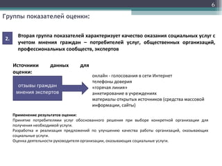 Группы показателей оценки:
6
Вторая группа показателей характеризует качество оказания социальных услуг с
учетом мнения граждан – потребителей услуг, общественных организаций,
профессиональных сообществ, экспертов
Применение результатов оценки:
Принятие потребителями услуг обоснованного решения при выборе конкретной организации для
получения необходимой услуги.
Разработка и реализация предложений по улучшению качества работы организаций, оказывающих
социальные услуги.
Оценка деятельности руководителя организации, оказывающих социальные услуги.
2.
отзывы граждан
мнения экспертов
онлайн - голосования в сети Интернет
телефоны доверия
«горячая линия»
анкетирование в учреждениях
материалы открытых источников (средства массовой
информации, сайты)
Источники данных для
оценки:
 