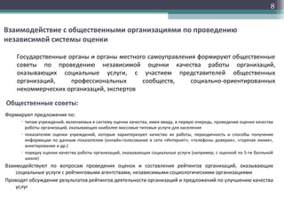 8
Взаимодействие с общественными организациями по проведению
независимой системы оценки
Государственные органы и органы местного самоуправления формируют общественные
советы по проведению независимой оценки качества работы организаций,
оказывающих социальные услуги, с участием представителей общественных
организаций, профессиональных сообществ, социально-ориентированных
некоммерческих организаций, экспертов
Формируют предложения по:
▫ типам учреждений, включаемых в систему оценки качества, имея ввиду, в первую очередь, проведение оценки качества
работы организаций, оказывающих наиболее массовые типовые услуги для населения
▫ показателям оценки учреждений, которые характеризуют качество их работы, периодичность и способы получения
информации по данным показателям (онлайн-голосование в сети «Интернет», «телефоны доверия», «горячая линия»,
анкетирование и др.)
▫ порядку оценки качества работы организаций, оказывающих социальные услуги (например, с оценкой по 5-ти балльной
шкале)
Взаимодействуют по вопросам проведения оценок и составления рейтингов организаций, оказывающих
социальные услуги с рейтинговыми агентствами, независимыми социологическими организациями
Проводят обсуждение результатов рейтингов деятельности организаций и предложений по улучшению качества
услуг
Общественные советы:
 
