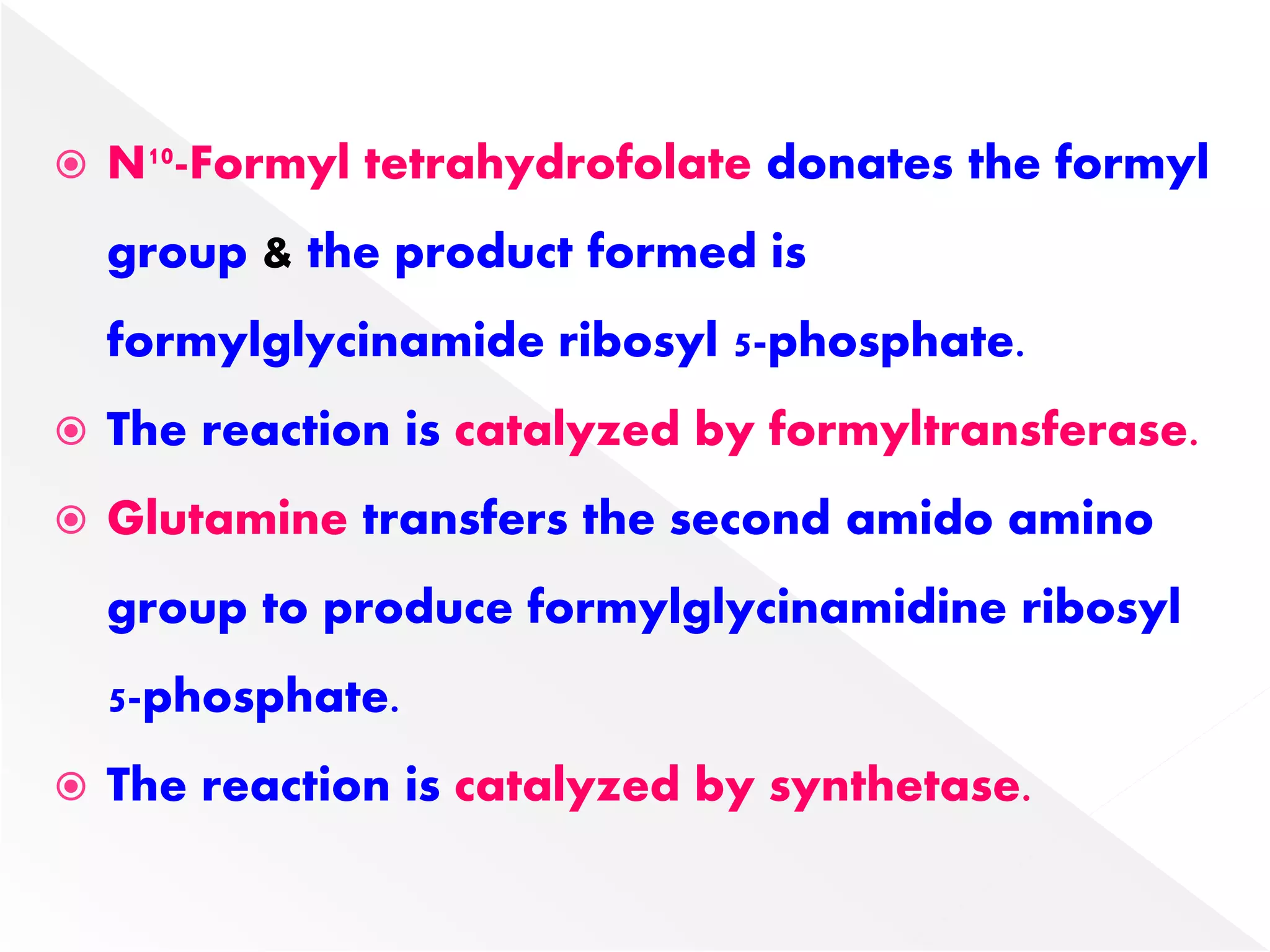  N10-Formyl tetrahydrofolate donates the formyl
group & the product formed is
formylglycinamide ribosyl 5-phosphate.
 The reaction is catalyzed by formyltransferase.
 Glutamine transfers the second amido amino
group to produce formylglycinamidine ribosyl
5-phosphate.
 The reaction is catalyzed by synthetase.
 