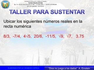 Ubicar los siguientes números reales en la
recta numérica
8/3, -7/4, 4√5, 20/6, -11/5, √9, √7, 3.75
 