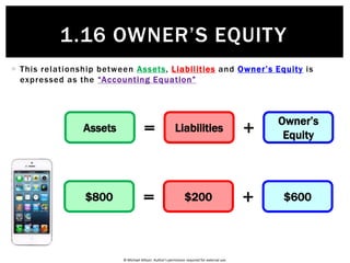 © Michael Allison. Author’s permission required for external use.
 Example: you need $800 for a new phone but you only have $600 in your bank
account
 To make up the difference, your parents give you $200 as a loan to buy the
phone to be repaid by the end of the year
Owner’s Equity
How much are
your Assets?
Assets
Liabilities
Owner’s
Equity
$800
How much are
your Liabilities?
$200
So what is your
“residual interest”
in the Asset?
$600
Owner's
Equity,
$600
Liabilities
, $200
Your $800 Asset is made up of…
1.16 OWNER’S EQUITY
 