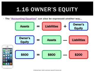 © Michael Allison. Author’s permission required for external use.
 This relationship between Assets, Liabilities and Owner’s Equity is
expressed as the “Accounting Equation”
Assets Liabilities
Owner’s
Equity= +
$800 $200 $600= +
1.16 OWNER’S EQUITY
 