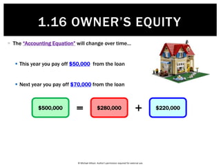 © Michael Allison. Author’s permission required for external use.
 The “Accounting Equation” also applies in your personal life… Example: you
decide to buy a house worth $500,000:
 You have $100,000 in cash in the bank
 You will need to borrow the remaining $400,000 from the bank
How much do you “own”
of the house?
How much does the bank
“own”?
$100,000 $400,000
House value
$500,000
The $100,000 is your
Owner’s Equity in the
house
The $400,000 is your
Liability or how much you
owe on the house
Assets Liabilities
Owner’s
Equity= +$500,000 $400,000 $100,000
1.16 OWNER’S EQUITY
 
