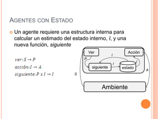AGENTES CON ESTADO
 Un agente requiere una estructura interna para
calcular un estimado del estado interno, I, y una
nueva función, siguiente
Ambiente
Ver Acción
P
S
A
siguiente estado
I
I
I
 