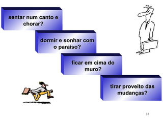 16
sentar num canto esentar num canto e
chorar?chorar?
dormir e sonhar comdormir e sonhar com
o paraíso?o paraíso?
ficar em cima doficar em cima do
muro?muro?
tirar proveito dastirar proveito das
mudanças?mudanças?
 