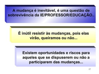 17
A mudança é inevitável, é uma questão de
sobrevivência da IE/PROFESSOR/EDUCAÇÃO..
É inútil resistir às mudanças, pois elas
virão, queiramos ou não...
Existem oportunidades e riscos para
aqueles que se dispuserem ou não a
participarem das mudanças...
 