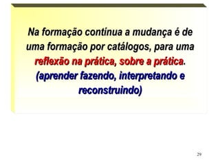 29
.
Na formação contínua a mudança é deNa formação contínua a mudança é de
uma formação por catálogos, para umauma formação por catálogos, para uma
reflexão na prática, sobre a práticareflexão na prática, sobre a prática..
(aprender fazendo, interpretando e(aprender fazendo, interpretando e
reconstruindo)reconstruindo)
 