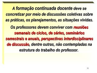 31
.AA formação continuada docenteformação continuada docente deve sedeve se
concretizar por meio de discussões coletivas sobreconcretizar por meio de discussões coletivas sobre
as práticas, os planejamentos, as situações vividas.as práticas, os planejamentos, as situações vividas.
Os professores devem conviver comOs professores devem conviver com reuniõesreuniões
semanais de ciclos, de séries, semináriossemanais de ciclos, de séries, seminários
semestrais e anuais, perspectivas interdisciplinaressemestrais e anuais, perspectivas interdisciplinares
de discussãode discussão, dentre outras, não contempladas na, dentre outras, não contempladas na
estrutura do trabalho do professor.estrutura do trabalho do professor.
 