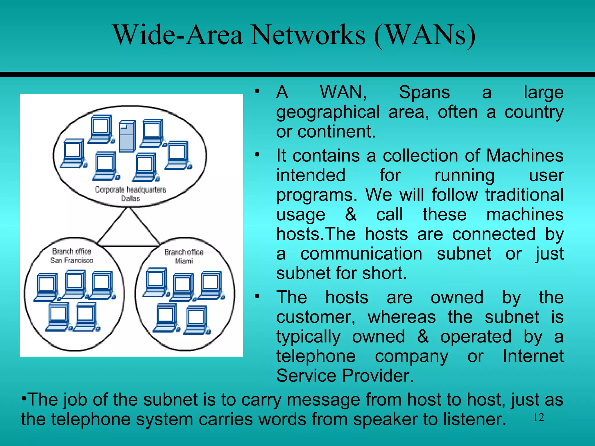 12
Wide-Area Networks (WANs)
• A WAN, Spans a large
geographical area, often a country
or continent.
• It contains a collection of Machines
intended for running user
programs. We will follow traditional
usage & call these machines
hosts.The hosts are connected by
a communication subnet or just
subnet for short.
• The hosts are owned by the
customer, whereas the subnet is
typically owned & operated by a
telephone company or Internet
Service Provider.
•The job of the subnet is to carry message from host to host, just as
the telephone system carries words from speaker to listener.
 