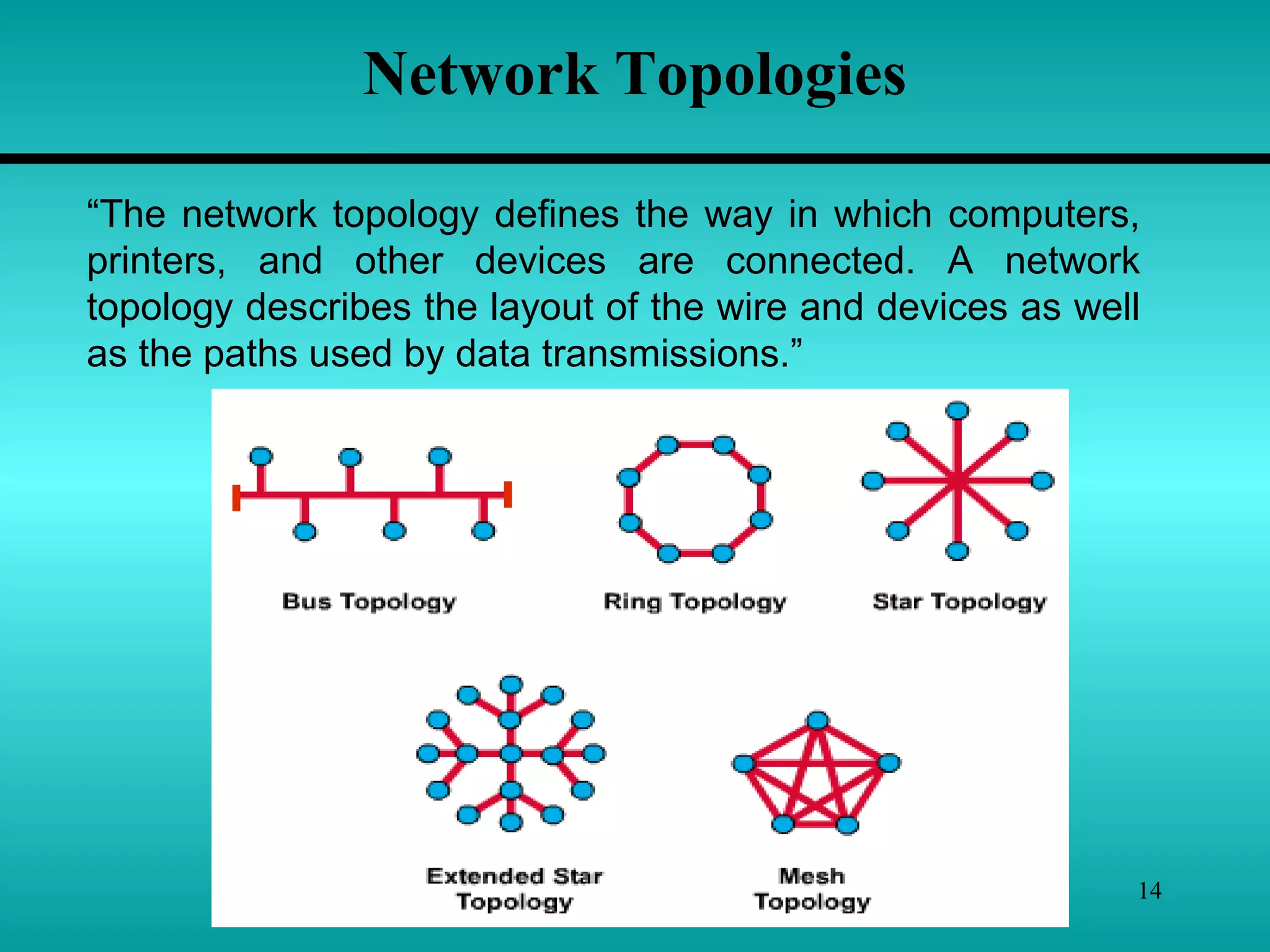 14
Network Topologies
“The network topology defines the way in which computers,
printers, and other devices are connected. A network
topology describes the layout of the wire and devices as well
as the paths used by data transmissions.”
 