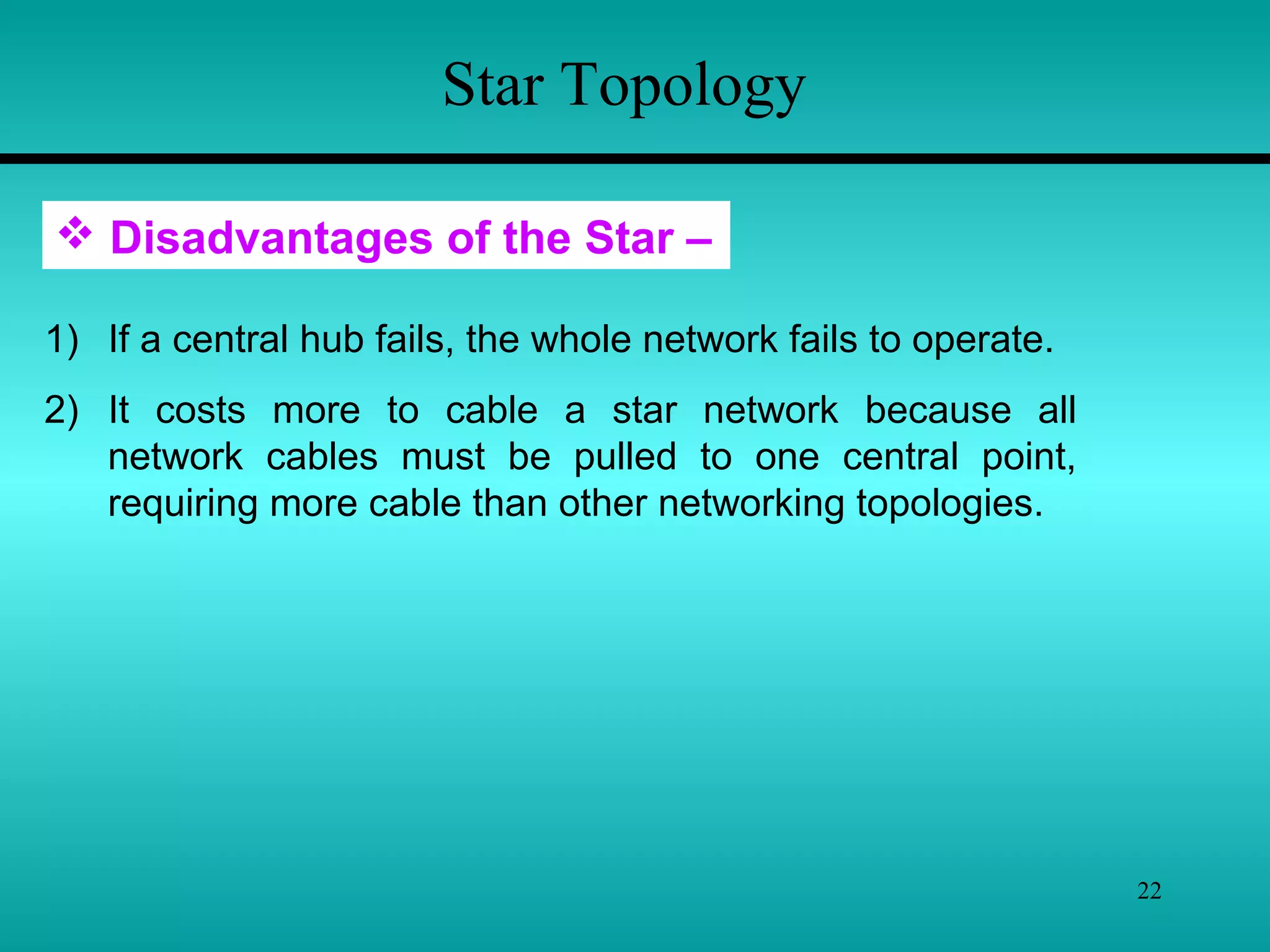 22
Star Topology
 Disadvantages of the Star –
1) If a central hub fails, the whole network fails to operate.
2) It costs more to cable a star network because all
network cables must be pulled to one central point,
requiring more cable than other networking topologies.
 