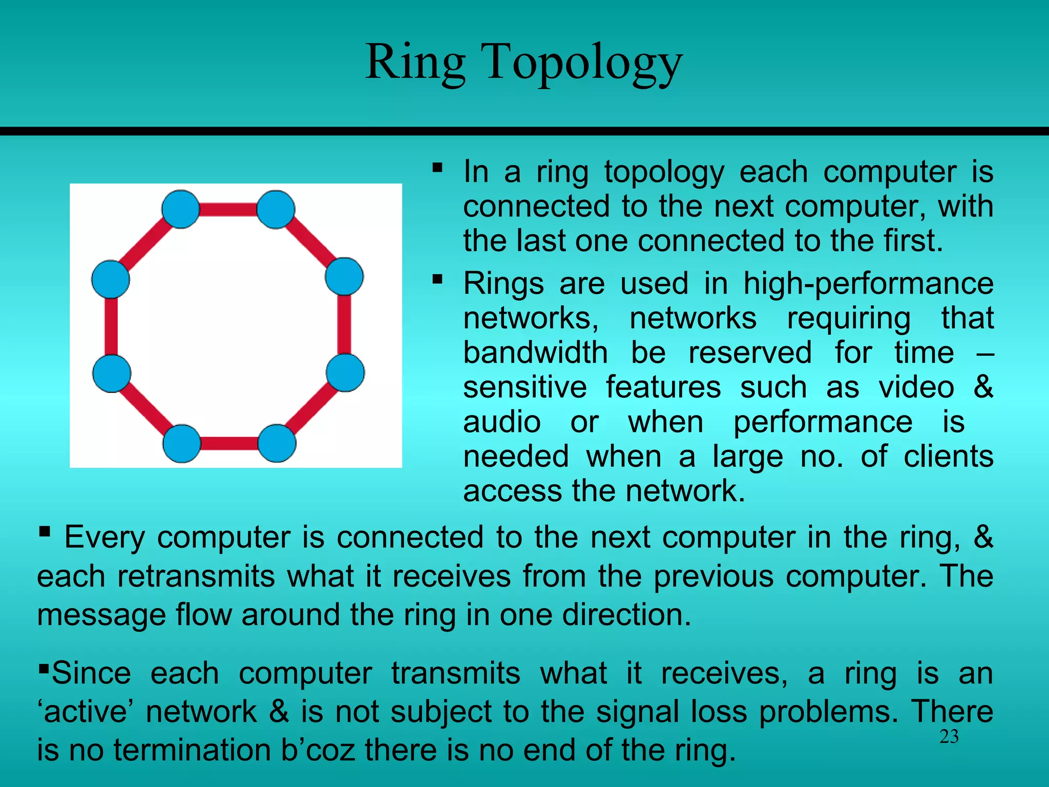 23
Ring Topology
 In a ring topology each computer is
connected to the next computer, with
the last one connected to the first.
 Rings are used in high-performance
networks, networks requiring that
bandwidth be reserved for time –
sensitive features such as video &
audio or when performance is
needed when a large no. of clients
access the network.
 Every computer is connected to the next computer in the ring, &
each retransmits what it receives from the previous computer. The
message flow around the ring in one direction.
Since each computer transmits what it receives, a ring is an
‘active’ network & is not subject to the signal loss problems. There
is no termination b’coz there is no end of the ring.
 