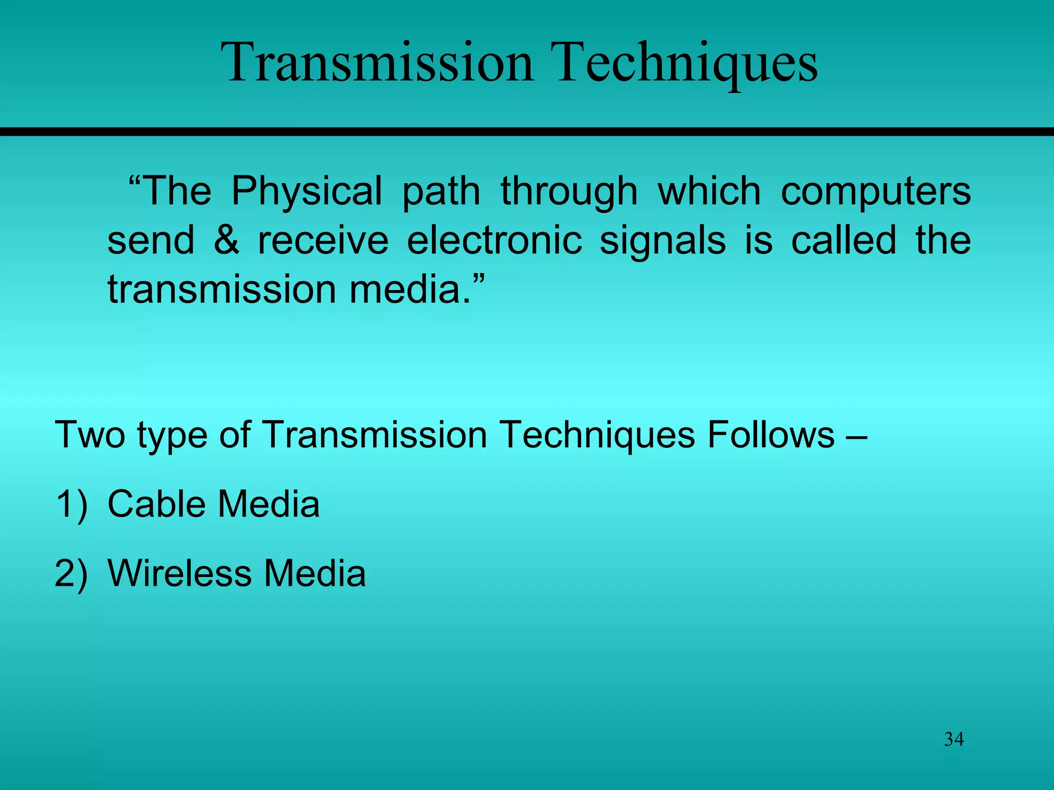 34
Transmission Techniques
“The Physical path through which computers
send & receive electronic signals is called the
transmission media.”
Two type of Transmission Techniques Follows –
1) Cable Media
2) Wireless Media
 