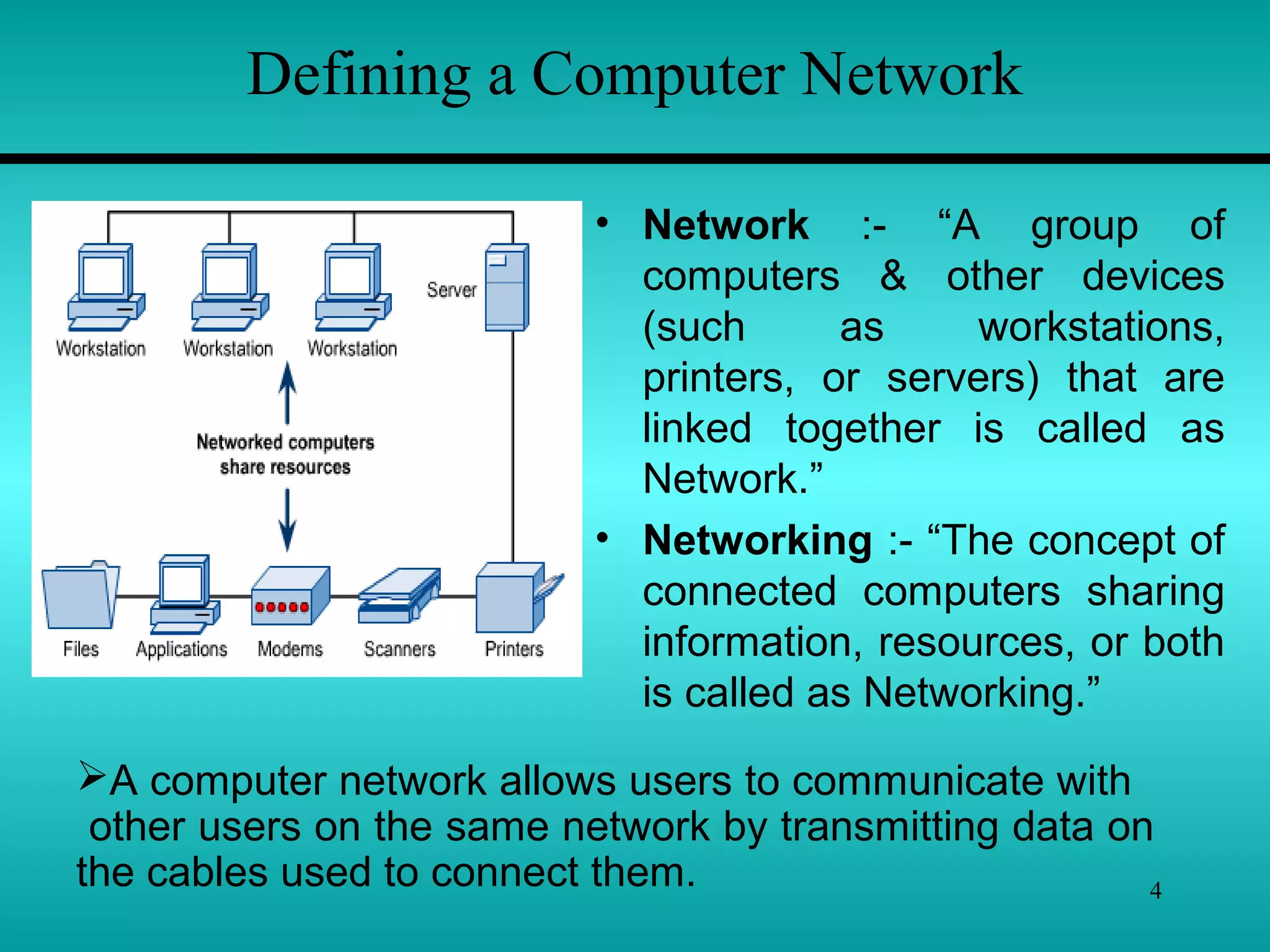 4
Defining a Computer Network
• Network :- “A group of
computers & other devices
(such as workstations,
printers, or servers) that are
linked together is called as
Network.”
• Networking :- “The concept of
connected computers sharing
information, resources, or both
is called as Networking.”
A computer network allows users to communicate with
other users on the same network by transmitting data on
the cables used to connect them.
 