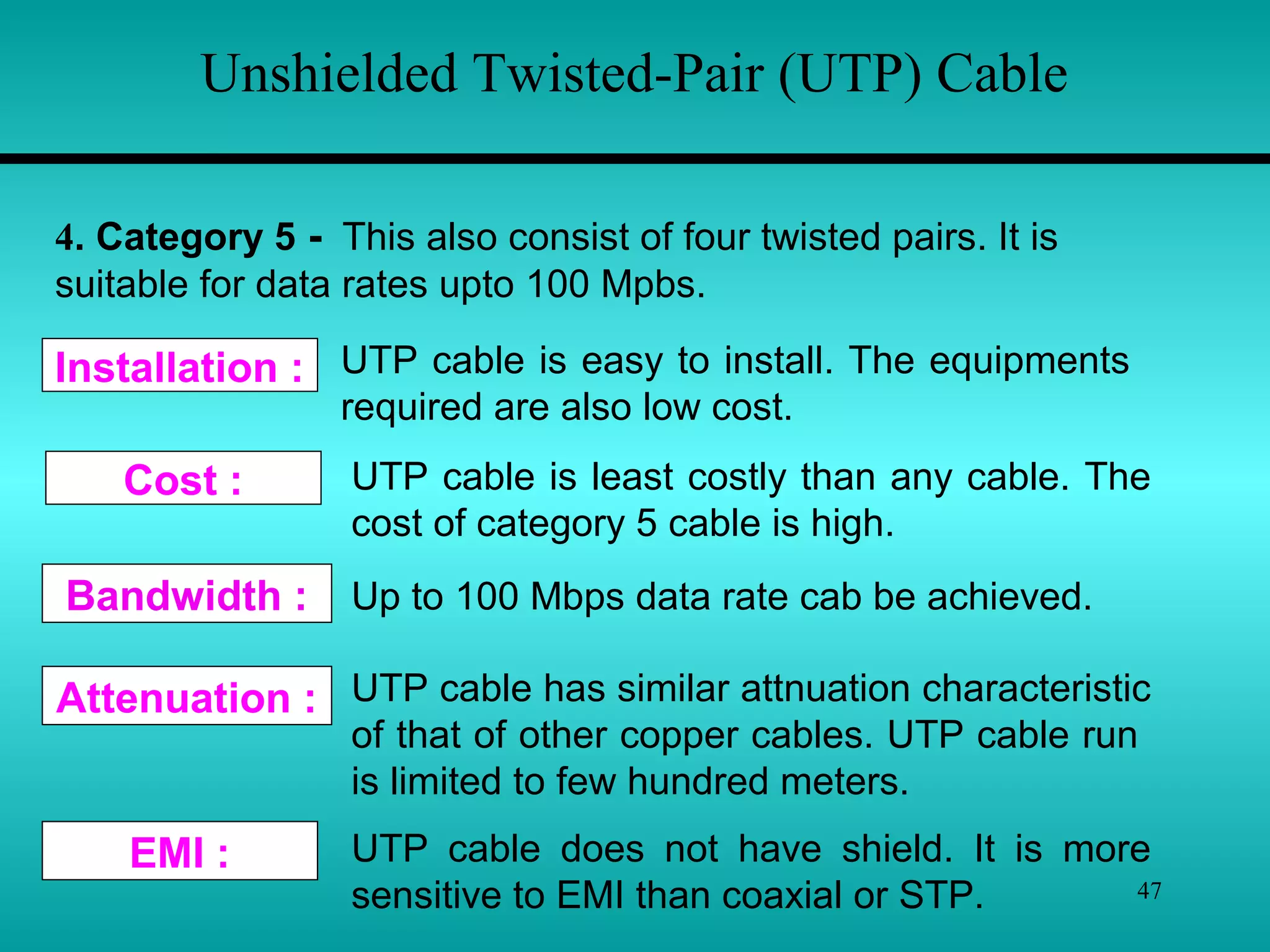 47
Unshielded Twisted-Pair (UTP) Cable
4. Category 5 - This also consist of four twisted pairs. It is
suitable for data rates upto 100 Mpbs.
Cost :
Installation : UTP cable is easy to install. The equipments
required are also low cost.
Up to 100 Mbps data rate cab be achieved.Bandwidth :
Attenuation :
EMI :
UTP cable is least costly than any cable. The
cost of category 5 cable is high.
UTP cable has similar attnuation characteristic
of that of other copper cables. UTP cable run
is limited to few hundred meters.
UTP cable does not have shield. It is more
sensitive to EMI than coaxial or STP.
 