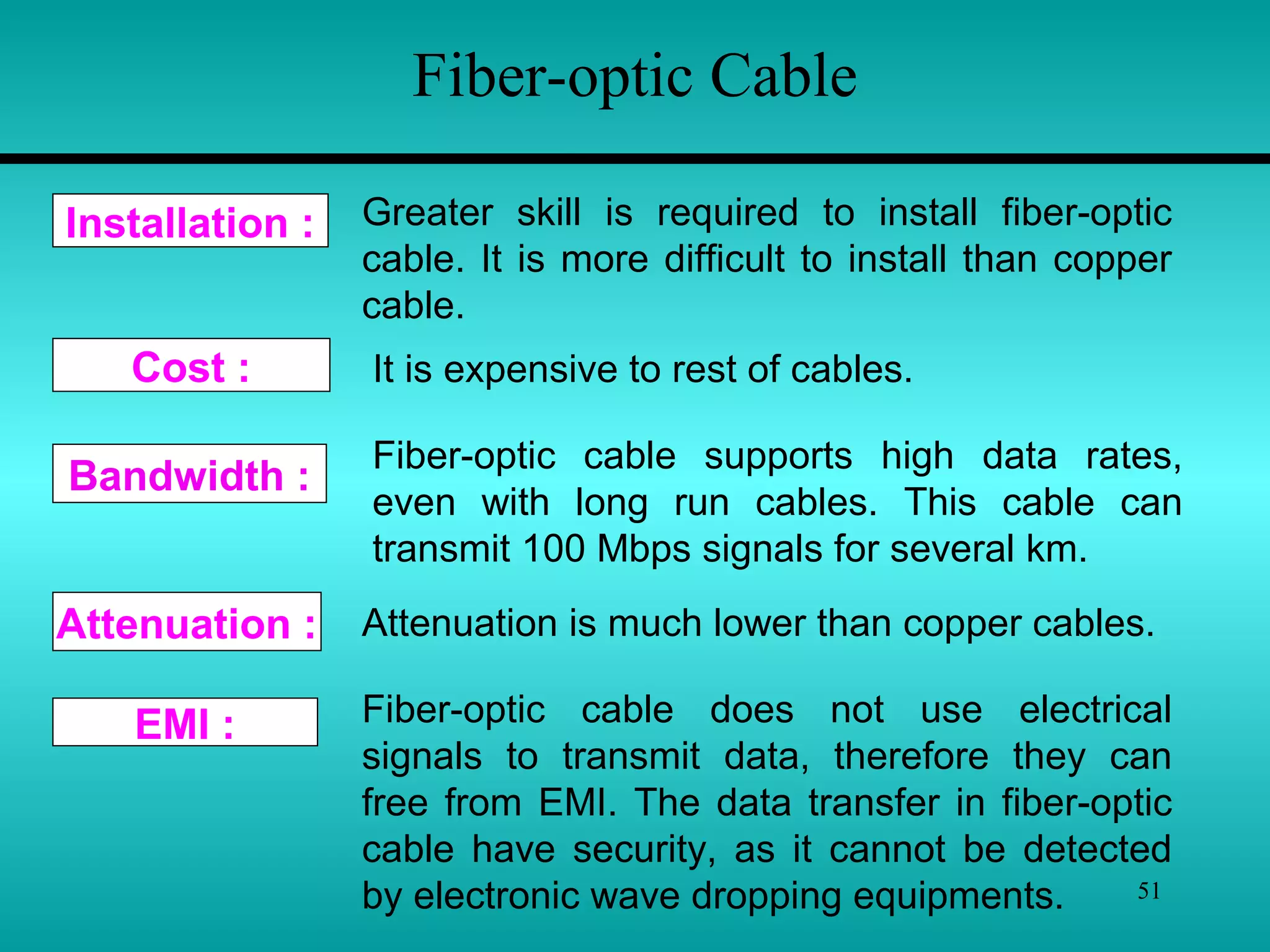 51
Fiber-optic Cable
Bandwidth :
Attenuation :
EMI :
Fiber-optic cable supports high data rates,
even with long run cables. This cable can
transmit 100 Mbps signals for several km.
Attenuation is much lower than copper cables.
Fiber-optic cable does not use electrical
signals to transmit data, therefore they can
free from EMI. The data transfer in fiber-optic
cable have security, as it cannot be detected
by electronic wave dropping equipments.
Cost :
Installation : Greater skill is required to install fiber-optic
cable. It is more difficult to install than copper
cable.
It is expensive to rest of cables.
 