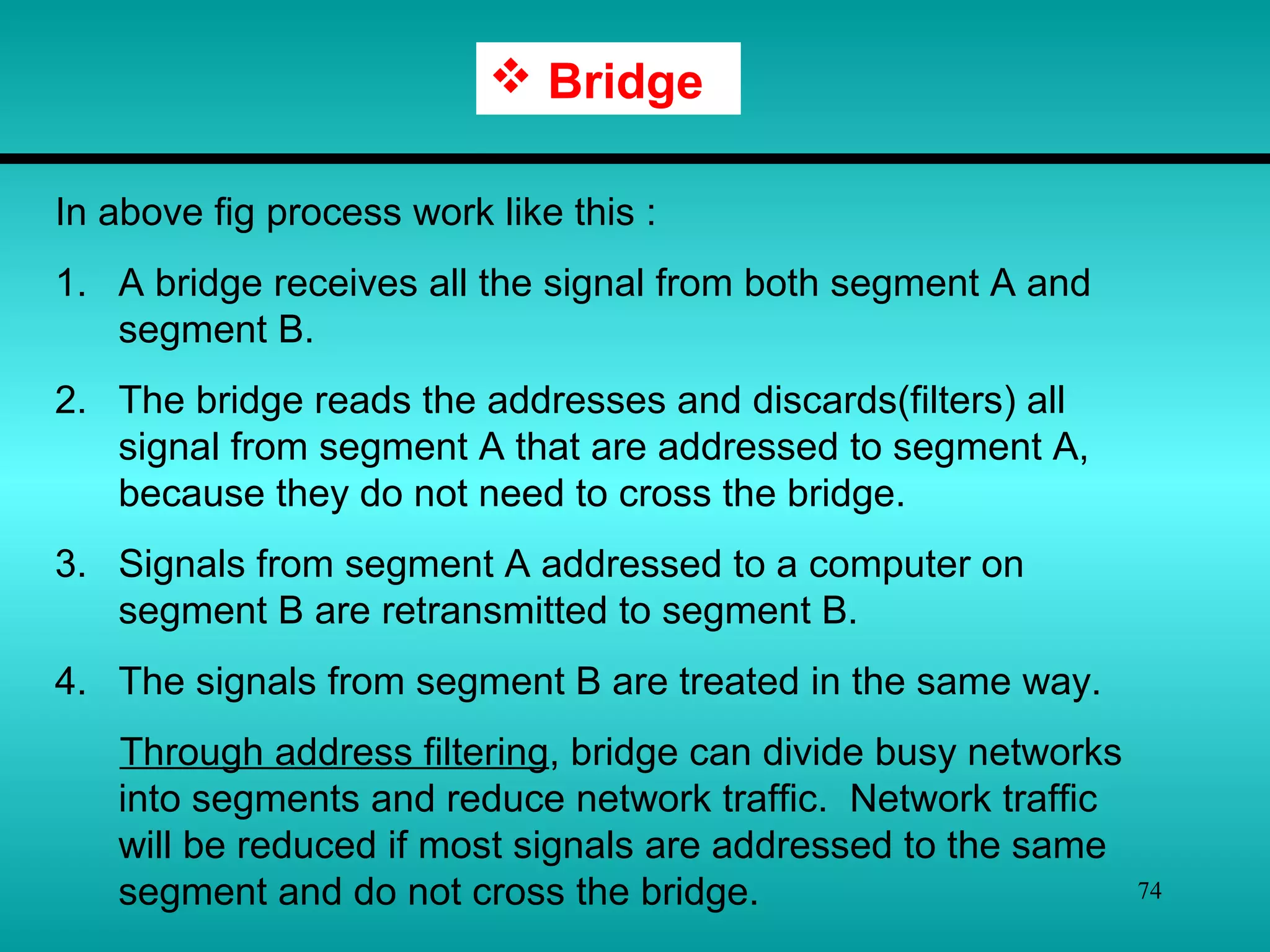 74
 Bridge
In above fig process work like this :
1. A bridge receives all the signal from both segment A and
segment B.
2. The bridge reads the addresses and discards(filters) all
signal from segment A that are addressed to segment A,
because they do not need to cross the bridge.
3. Signals from segment A addressed to a computer on
segment B are retransmitted to segment B.
4. The signals from segment B are treated in the same way.
Through address filtering, bridge can divide busy networks
into segments and reduce network traffic. Network traffic
will be reduced if most signals are addressed to the same
segment and do not cross the bridge.
 