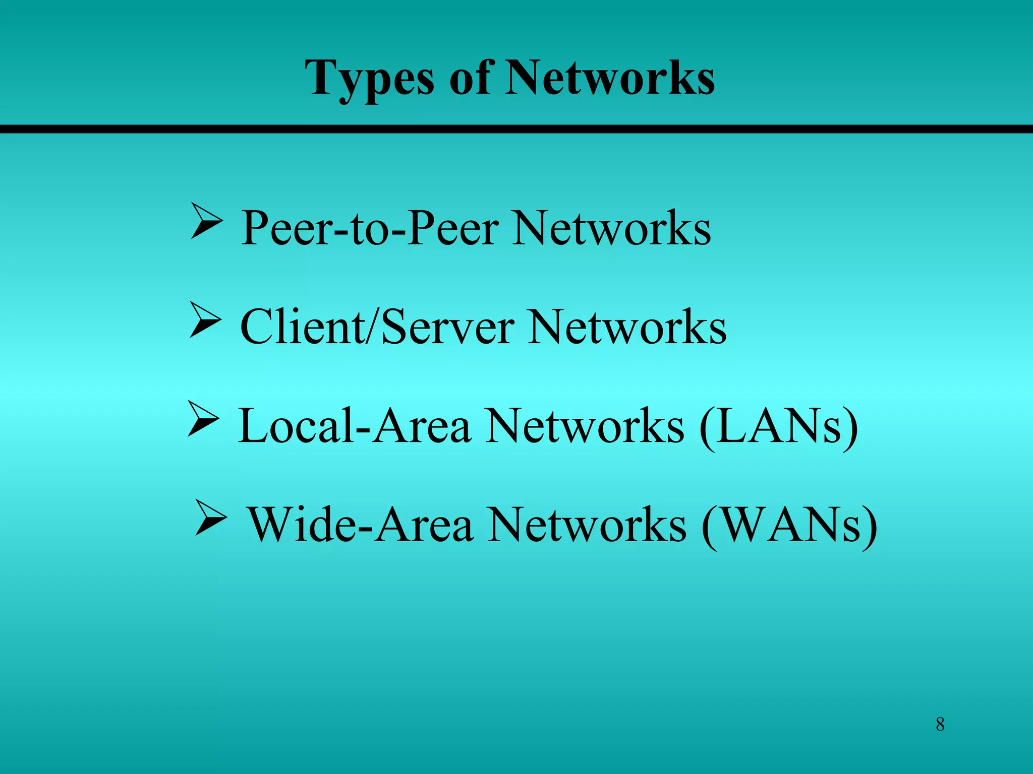 8
Types of Networks
 Peer-to-Peer Networks
 Client/Server Networks
 Local-Area Networks (LANs)
 Wide-Area Networks (WANs)
 