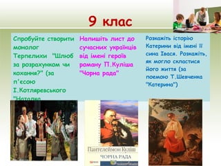 9 клас
Спробуйте створити
монолог
Терпелихи "Шлюб
за розрахунком чи
кохання?" (за
п'єсою
І.Котляревського
"Наталка
Полтавка")
Напишіть лист до
сучасних українців
від імені героїв
роману П.Куліша
"Чорна рада"
Розкажіть історію
Катерини від імені її
сина Івася. Розкажіть,
як могло скластися
його життя (за
поемою Т.Шевченка
"Катерина")
12.02.15
 