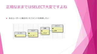 正規なままではSELECT大変ですよね
 あるユーザーに最近付いたコメントを取得したい
 