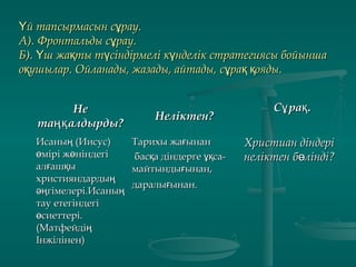 й тапсырмасын с рау.Ү ұй тапсырмасын с рау.Ү ұ
А). Фронтальды с рау.ұА). Фронтальды с рау.ұ
Б). ш жа ты т сіндірмелі к нделік стратегиясы бойыншаҮ қ ү үБ). ш жа ты т сіндірмелі к нделік стратегиясы бойыншаҮ қ ү ү
о ушылар. Ойланады, жазады, айтады, с ра ояды.қ ұ қ қо ушылар. Ойланады, жазады, айтады, с ра ояды.қ ұ қ қ
НеНе
та алдырды?ңқта алдырды?ңқ
Неліктен?Неліктен?
С ра .ұ қС ра .ұ қ
Исаны (Иисус)ңИсаны (Иисус)ң
мірі ж ніндегіө өмірі ж ніндегіө ө
ал аш ығ қал аш ығ қ
християндардыңхристияндардың
гімелері.Исаныәң ңгімелері.Исаныәң ң
тау етегіндегітау етегіндегі
сиеттері.өсиеттері.ө
(Матфейдің(Матфейдің
Інжілінен)Інжілінен)
Тарихы жа ынанғТарихы жа ынанғ
бас а діндерге са-қ ұқбас а діндерге са-қ ұқ
майтынды ынан,ғмайтынды ынан,ғ
даралы ынан.ғдаралы ынан.ғ
Христиан діндеріХристиан діндері
неліктен б лінді?өнеліктен б лінді?ө
 