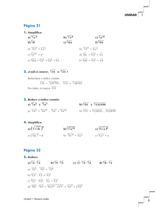 Página 31
1. Simplifica:
a) b) c)
d) e) f)
a) = b) =
c) = y2 d) = =
e) = = = f) = =
2. ¿Cuál es mayor, o ?
Reducimos a índice común:
= ; =
Por tanto, es mayor .
3. Reduce a índice común:
a) y b) y
a) = ; = b) = ;
4. Simplifica:
a) ( )8
b) c)
a) ( )8
= k b) = c) = x
Página 32
5. Reduce:
a) · b) · c) · · d) ·
a) · =
b) · =
c) · · =
d) · = = = 2
12
√2512
√21712
√(23)3 · (22)412
√4412
√83
8
√278
√2
8
√228
√24
6
√356
√3
6
√34
15
√2815
√2315
√25
3
√4
4
√8
8
√2
4
√2√2
6
√3
3
√9
5
√2
3
√2
6
√x63
√x2
15
√x108
√k
3
√(√
—
x )6
5
√3
√
—
x10√√
—
√
—
k
9
√132650
9
√132651
3
√51
36
√a1418
√a736
√a1512
√a5
9
√132 650
3
√51
18
√a712
√a5
4
√31
12
√28561
3
√13
12
√29791
4
√31
3
√13
4
√31
√3
8
√348
√81
3
√4
3
√229
√269
√64
√2
6
√236
√8
5
√y10
3
√x2
12
√x84
√x3
12
√x9
8
√81
9
√64
6
√8
5
√y1012
√x812
√x9
Unidad 1. Números reales
5
1UNIDAD
 