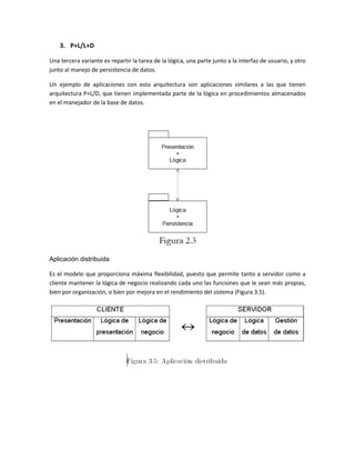 3. P+L/L+D
Una tercera variante es repartir la tarea de la lógica, una parte junto a la interfaz de usuario, y otro
junto al manejo de persistencia de datos.
Un ejemplo de aplicaciones con esta arquitectura son aplicaciones similares a las que tienen
arquitectura P+L/D, que tienen implementada parte de la lógica en procedimientos almacenados
en el manejador de la base de datos.
Aplicación distribuida
Es el modelo que proporciona máxima flexibilidad, puesto que permite tanto a servidor como a
cliente mantener la lógica de negocio realizando cada uno las funciones que le sean más propias,
bien por organización, o bien por mejora en el rendimiento del sistema (Figura 3.5).
 