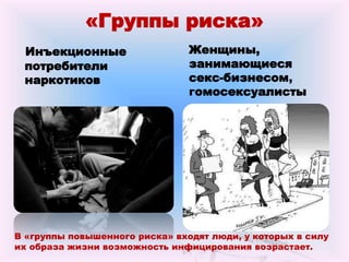 «Группы риска»
Инъекционные
потребители
наркотиков
Женщины,
занимающиеся
секс-бизнесом,
гомосексуалисты
В «группы повышенного риска» входят люди, у которых в силу
их образа жизни возможность инфицирования возрастает.
 