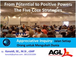 From Potential to Positive Power:
The Five Core Strategies
Appreciative Inquiry: Jalan Setiap
Orang untuk Mengubah Dunia
By : Kanaidi, SE., M.Si , cSAP
kanaidi@yahoo.com ..08122353284
 