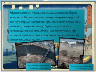 •Цунамі зазвичай приходить кількома хвилями. Перша
хвиля не найбільша, але вона змочує поверхню суходолу й
зменшує опір для наступних. Крім того, після першої хвилі
люди іноді повертаються до берега — допомогти
постраждалим, оцінити збитки , не здогадуючись про
наступні хвилі, інтервал між якими може становити від
кількох хвилин до години.
Хвиля цунамі змітає будинки в
місті Натора.
Вид з повітря на рух цунамі
в річці Нака в Хітачінаке
 