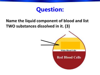 Question:
Name the liquid component of blood and list
TWO substances dissolved in it. (3)
Amino acids
Glucose
[any two from
previous list.
FOOD is wrong]
PLASMA
 