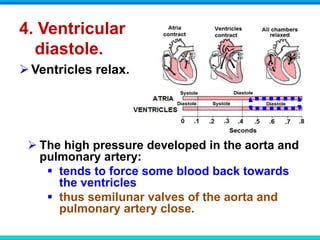 4. Ventricular
diastole.
Ventricles relax.
 The high pressure developed in the aorta and
pulmonary artery:
 tends to force some blood back towards
the ventricles
 thus semilunar valves of the aorta and
pulmonary artery close.
 