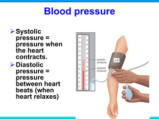 Blood pressure
Systolic
pressure =
pressure when
the heart
contracts.
Diastolic
pressure =
pressure
between heart
beats (when
heart relaxes)
 