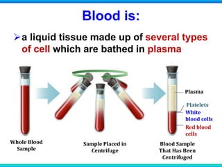 Blood is:
a liquid tissue made up of several types
of cell which are bathed in plasma
Whole Blood
Sample
Sample Placed in
Centrifuge
Blood Sample
That Has Been
Centrifuged
Plasma
Platelets
White
blood cells
Red blood
cells
 