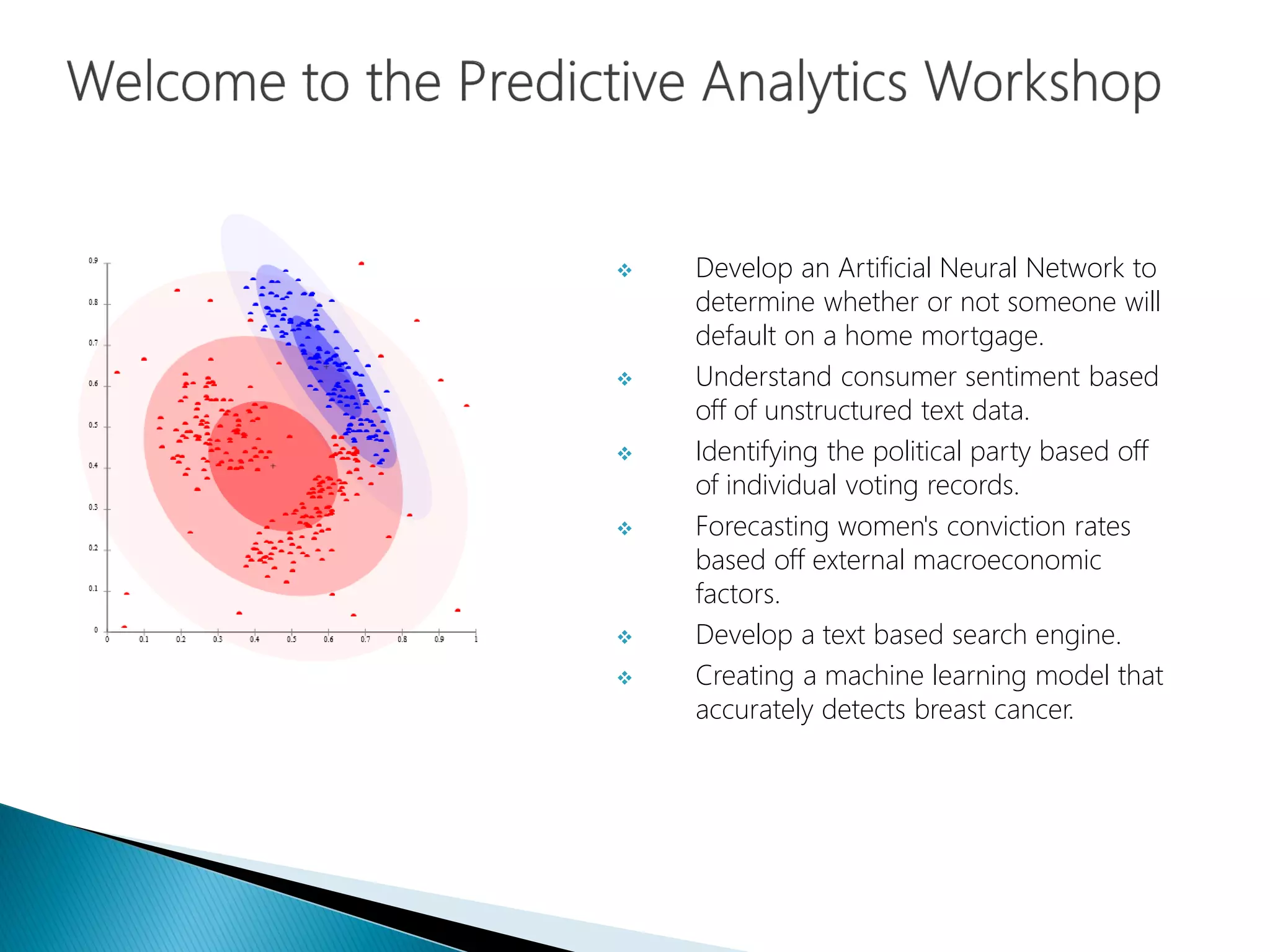  Develop an Artificial Neural Network to
determine whether or not someone will
default on a home mortgage.
 Understand consumer sentiment based
off of unstructured text data.
 Identifying the political party based off
of individual voting records.
 Forecasting women's conviction rates
based off external macroeconomic
factors.
 Develop a text based search engine.
 Creating a machine learning model that
accurately detects breast cancer.
 