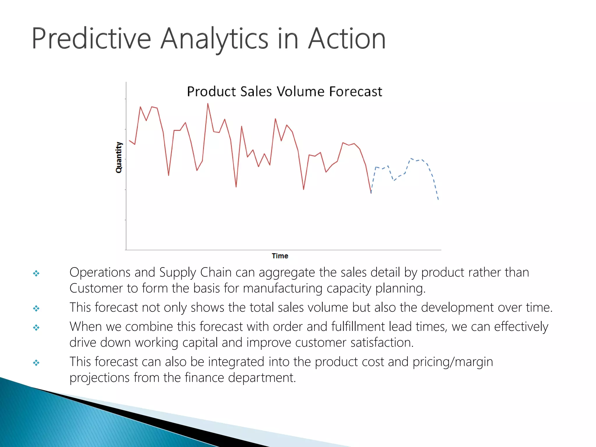  Operations and Supply Chain can aggregate the sales detail by product rather than
Customer to form the basis for manufacturing capacity planning.
 This forecast not only shows the total sales volume but also the development over time.
 When we combine this forecast with order and fulfillment lead times, we can effectively
drive down working capital and improve customer satisfaction.
 This forecast can also be integrated into the product cost and pricing/margin
projections from the finance department.
 