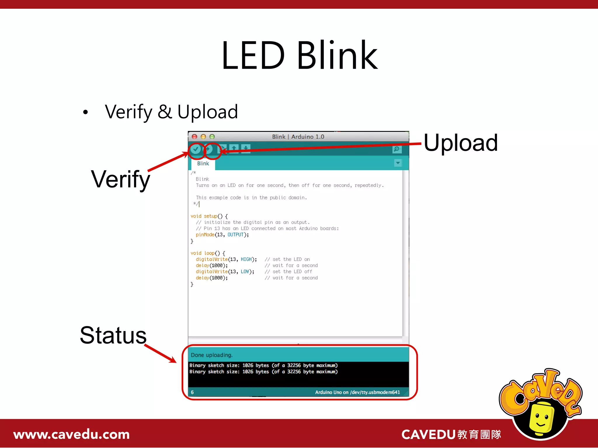 LED Blink • Verify & Upload Verify Upload Status 