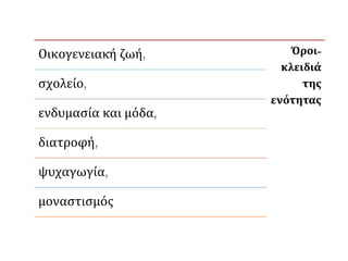 Όροι-
κλειδιά
της
ενότητας
Οικογενειακή ζωή,
σχολείο,
ενδυμασία και μόδα,
διατροφή,
ψυχαγωγία,
μοναστισμός
 