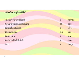 เครื่องมือและอุปกรณ์ที่ใช้
1.เปลือกข้าวสาลีที่ไม่ใช้แล้ว 2 กิโลกรัม
2.กระดาษหนังสือพิมพ์ที่ไม่ใช้แล้ว 10 ฉบับ
3.เครื่องปั่นผลไม้ทั่วไป 1 เครื่อง
4.สีผสมอาหาร๙ 4-5 ซอง
5.ตะแกรงลวด 1 แผง
6.กล่องรังเปล่าที่ไม่ใช้แล้ว 1 กล่อง
7.กาว 1 กระปุก
 