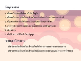 วัตถุประสงค์
1. เพื่อลดปริมาณขยะที่เพิ่มมากขึ้นในปัจจุบัน
2. เพื่อลดปริมาณการเกิดก๊าซคาร์บอนไดออกไซด์ และก๊าซคาร์บอนมอนอกไซด์
3. เพื่อเสริมสร้างรายได้ให้กับตัวเองและครอบครัวในระหว่างเรียน
4. สามารถประหยัดค่าใช้จ่ายในการหาซื้อวัสดุใหม่ โดยใช้วัสดุที่นามา
รีไซเคิลได้แทน
5. เพื่อใช้เวลาว่างให้เกิดประโยชน์สูงสุด
ขอบเขตโครงงาน
- ปริมาณการเกิดก๊าซคาร์บอนไดออกไซด์ที่เกิดจากการเผากระดาษและขยะต่างๆ
- ปริมาณการเกิดก๊าซคาร์บอนไดออกไซด์เมือเผากระดาษและขยะหลังจากการทาโครงงาน
 