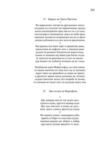 205
21 Циркус во Трите Прстени
1
Во циркускиот шатор на ураганскиот вител
создаден од господот во пијаничишна треска,
моето ексцентрично срце пак не си е со сите,
експлодира и шампањски дожд по небо црта,
парчиња негови ко ветроказни петли се вртат
додека публиката од сите ангели ракоплеска.
2
Бестрашна сум како смрт и грациозна дама,
навлегувам во кафезот што е лавовска јама:
розата на ризикот блескоти во мојата коса,
пукам со камшик кој навестува болна згода,
за заштита на ранливоста и стол си носам -
дур апежот на љубовта почнува да ме глода.
3
Подбивлив како Мефистофел, во смеа капен,
со маски магични по лице што му се шеткаат,
мојот ѓавол на прокобата се ниша на трапез
а крилести зајаци околу колената му леткаат,
додека ѓаволски лесно, без потреба за почин,
го снемува во чадот што ги исушува мојте очи.
22 Две сестри на Персефона
1
Две девојки има во тој чуден свет,
едната в куќа, другата надвор седи.
Цел ден светлост и сенка, во дует,
меѓу двете, едната другата ја следи.
2
Во нејната темна, тапацирана соба,
првата се бори со сметачка скука,
машина кажува дал збирот е добар,
дур саатот јалово времето го чука.
 