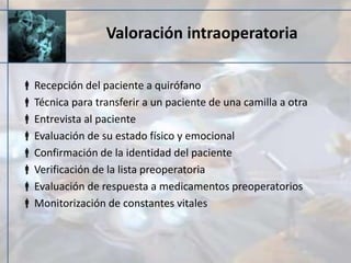 Valoración intraoperatoria
Recepción del paciente a quirófano
Técnica para transferir a un paciente de una camilla a otra
Entrevista al paciente
Evaluación de su estado físico y emocional
Confirmación de la identidad del paciente
Verificación de la lista preoperatoria
Evaluación de respuesta a medicamentos preoperatorios
Monitorización de constantes vitales
 