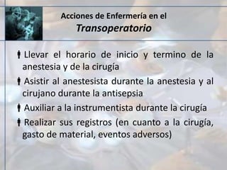 Acciones de Enfermería en el
Transoperatorio
Llevar el horario de inicio y termino de la
anestesia y de la cirugía
Asistir al anestesista durante la anestesia y al
cirujano durante la antisepsia
Auxiliar a la instrumentista durante la cirugía
Realizar sus registros (en cuanto a la cirugía,
gasto de material, eventos adversos)
 