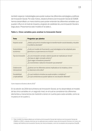 13
también esperan metodologías para poder evaluar las diferentes estrategias y políticas
de Innovación Social. Por este motivo, desde la Antena de Innovación Social de ESADE
hemos desarrollado un marco teórico para poder entender las diferentes variables que
pueden influir en el nivel de impacto y el grado de viabilidad de una Innovación Social a
largo plazo. Presentamos este modelo en la tabla 1.
Tabla 1. Cinco variables para analizar la Innovación Social
Impacto social
Sostenibilidad
económica
Tipo de innovación
Colaboración
intersectorial
Escalabilidad
y replicabilidad
¿Hasta qué punto la iniciativa logra la transformación social deseada y resuelve
el problema abordado?
¿Cuál es el modelo de financiación y qué estrategias se han adoptado para
garantizar su supervivencia en el futuro?
¿Es una innovación cerrada o abierta (puede ser replicada por otros)?
¿Se basa en algún concepto anterior?
¿Qué rasgos innovadores presenta?
¿Es incremental o radical la innovación que presenta?
¿Quiénes son los diferentes actores implicados en la iniciativa y cómo
se relacionan entre ellos?
¿En qué medida la iniciativa se puede ampliar o multiplicar?
¿En qué condiciones se puede replicar en una situación diferente?
Tema		 Preguntas que plantea
Fuente: Adaptado de Buckland y Murillo (2013)1
En la edición de 2014 de la Antena de Innovación Social, se ha desarrollado el modelo
de las cinco variables en un segundo nivel, en el cual se consideran los diferentes
elementos y mecanismos de medición a tener en cuenta para cada variable, como se
muestra en el cuadro 1.
	1	 Este modelo fue desarrollado por la Antena de Innovación Social del Instituto de Innovación Social de
ESADE en 2012, y desde entonces se ha aplicado para analizar casos de Innovación Social en el marco de
trabajo del Instituto de Innovación Social y de otras entidades, como la incubadora de proyectos Ship2B.
 