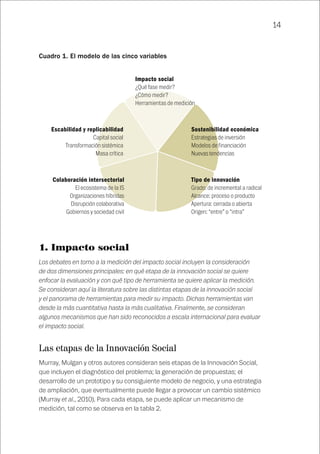 14
Cuadro 1. El modelo de las cinco variables
1. Impacto social
Los debates en torno a la medición del impacto social incluyen la consideración
de dos dimensiones principales: en qué etapa de la innovación social se quiere
enfocar la evaluación y con qué tipo de herramienta se quiere aplicar la medición.
Se consideran aquí la literatura sobre las distintas etapas de la innovación social
y el panorama de herramientas para medir su impacto. Dichas herramientas van
desde la más cuantitativa hasta la más cualitativa. Finalmente, se consideran
algunos mecanismos que han sido reconocidos a escala internacional para evaluar
el impacto social.
Las etapas de la Innovación Social
Murray, Mulgan y otros autores consideran seis etapas de la Innovación Social,
que incluyen el diagnóstico del problema; la generación de propuestas; el
desarrollo de un prototipo y su consiguiente modelo de negocio, y una estrategia
de ampliación, que eventualmente puede llegar a provocar un cambio sistémico
(Murray et al., 2010). Para cada etapa, se puede aplicar un mecanismo de
medición, tal como se observa en la tabla 2.
Colaboración intersectorial
El ecosistema de la IS
Organizaciones híbridas
Disrupción colaborativa
Gobiernos y sociedad civil
Tipo de innovación
Grado: de incremental a radical
Alcance: proceso o producto
Apertura: cerrada o abierta
Origen: “entre” o “intra”
Sostenibilidad económica
Estrategias de inversión
Modelos de financiación
Nuevas tendencias
Escabilidad y replicabilidad
Capital social
Transformación sistémica
Masa crítica
Impacto social
¿Qué fase medir?
¿Cómo medir?
Herramientas de medición
 