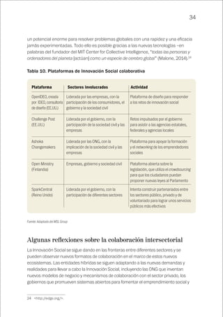 34
un potencial enorme para resolver problemas globales con una rapidez y una eficacia
jamás experimentadas. Todo ello es posible gracias a las nuevas tecnologías –en
palabras del fundador del MIT Center for Collective Intelligence, “todas las personas y
ordenadores del planeta [actúan] como un especie de cerebro global” (Malone, 2014).24
Tabla 10. Plataformas de Innovación Social colaborativa
OpenIDEO, creada
por IDEO, consultoría
de diseño (EE.UU.)
Challenge Post
(EE.UU.)
Ashoka
Changemakers
Open Ministry
(Finlandia)
SparkCentral
(Reino Unido)
Liderada por las empresas, con la
participación de los consumidores, el
gobierno y la sociedad civil
Liderada por el gobierno, con la
participación de la sociedad civil y las
empresas
Liderada por las ONG, con la
implicación de la sociedad civil y las
empresas
Empresas, gobierno y sociedad civil
Liderada por el gobierno, con la
participación de diferentes sectores
Plataforma de diseño para responder
a los retos de innovación social
Retos impulsados por el gobierno
para asistir a las agencias estatales,
federales y agencias locales
Plataforma para apoyar la formación
y el networking de los emprendedores
sociales
Plataforma abierta sobre la
legislación, que utiliza el crowdsourcing
para que los ciudadanos puedan
proponer nuevas leyes al Parlamento
Intenta construir partenariados entre
los sectores público, privado y de
voluntariado para lograr unos servicios
públicos más efectivos
Plataforma	 Sectores involucrados	 Actividad
Fuente: Adaptado del MSL Group
Algunas reflexiones sobre la colaboración intersectorial
La Innovación Social se sigue dando en las fronteras entre diferentes sectores y se
pueden observar nuevos formatos de colaboración en el marco de estos nuevos
ecosistemas. Las entidades híbridas se siguen adaptando a las nuevas demandas y
realidades para llevar a cabo la Innovación Social, incluyendo las ONG que inventan
nuevos modelos de negocio y mecanismos de colaboración con el sector privado, los
gobiernos que promueven sistemas abiertos para fomentar el emprendimiento social y
24	 <http://edge.org/>.
 