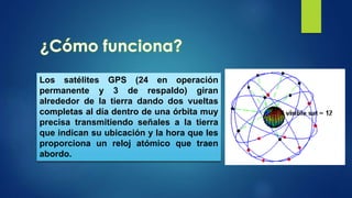 Los satélites GPS (24 en operación
permanente y 3 de respaldo) giran
alrededor de la tierra dando dos vueltas
completas al día dentro de una órbita muy
precisa transmitiendo señales a la tierra
que indican su ubicación y la hora que les
proporciona un reloj atómico que traen
abordo.
 
