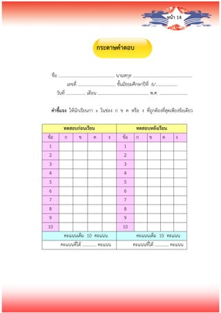 หน้า 14
กระดาษคาตอบ
ชื่อ .................................................... นามสกุล .......................................................
เลขที่ ................................... ชั้นมัธยมศึกษาปีที่ 6/....................
วันที่ .................. เดือน ............................................... พ.ศ. ..........................
คาชี้แจง ให้นักเรียนกา x ในช่อง ก ข ค หรือ ง ที่ถูกต้องที่สุดเพียงข้อเดียว
ทดสอบก่อนเรียน ทดสอบหลังเรียน
ข้อ ก ข ค ง ข้อ ก ข ค ง
1 1
2 2
3 3
4 4
5 5
6 6
7 7
8 8
9 9
10 10
คะแนนเต็ม 10 คะแนน คะแนนเต็ม 10 คะแนน
คะแนนที่ได้ ............. คะแนน คะแนนที่ได้ ............. คะแนน
 